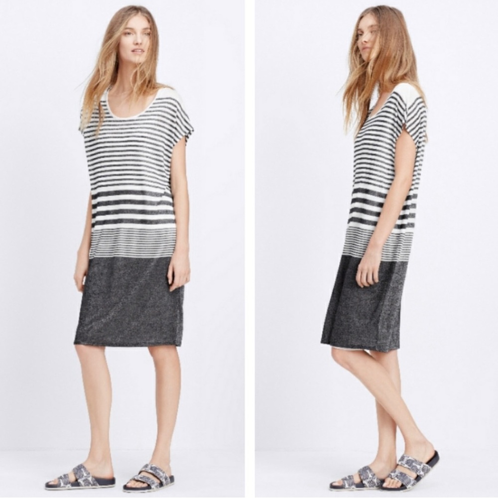 VINCE Variegated Stripes Metallic Mouline T-Shirt Dress S Minimalist Lagenlook